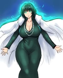 Rule 34 | 1girl, blue background, breasts, cleavage, coat, collared dress, covered navel, curvy, dress, erkaz, fubuki (one-punch man), fur coat, glowing, glowing eyes, green dress, green eyes, highres, jewelry, large breasts, long dress, medium hair, necklace, one-punch man, parted lips, pearl necklace, solo, standing, taut clothes, taut dress, thighs, wide hips