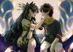 Rule 34 | 1boy, 1girl, absurdres, asymmetrical legwear, asymmetrical sleeves, bare shoulders, black hair, black shirt, blue eyes, blush, earrings, fate/grand order, fate (series), fujimaru ritsuka (male), fujimaru ritsuka (male) (true ether chaldea uniform), hair ornament, hair ribbon, hands on another&#039;s face, heavenly boat maanna, hetero, highres, hoop earrings, huge filesize, ishtar (fate), jewelry, long hair, looking at another, navel, neck ring, official alternate costume, ootato, pants, red eyes, revealing clothes, ribbon, scarf, shirt, sitting, tiara, tsundere, uneven legwear, uneven sleeves, white pants