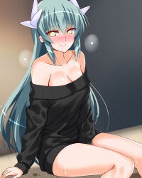Rule 34 | 1girl, aqua hair, black sweater, bottomless, breasts, dragon girl, dragon horns, engo (aquawatery), fate/grand order, fate (series), highres, horns, kiyohime (fate), long hair, long sleeves, looking at viewer, medium breasts, multiple horns, off-shoulder sweater, off shoulder, sitting, smile, sweater, very long hair, yellow eyes