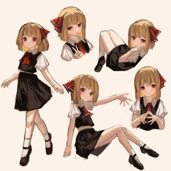 Rule 34 | 1girl, absurdres, ascot, black footwear, black skirt, black vest, blonde hair, blush, closed mouth, clynxen, commentary, hair ribbon, hand on own face, highres, looking at viewer, lower teeth only, medium hair, multiple views, open mouth, own hands together, parted lips, puffy short sleeves, puffy sleeves, red ascot, red eyes, red ribbon, ribbon, rumia, shirt, short sleeves, simple background, skirt, smile, socks, steepled fingers, teeth, touhou, v, vest, white background, white shirt, white socks