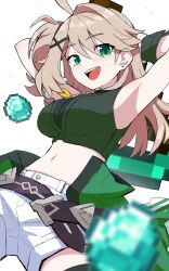 Rule 34 | 1girl, :d, ahoge, armpits, arms up, bare shoulders, belt, black belt, blurry, blurry foreground, breasts, brown hair, commentary, crop top, dated, diamond (gemstone), earrings, elsword, gloves, green eyes, green shirt, green thighhighs, hair between eyes, hair ornament, highres, holding, holding pickaxe, jewelry, large breasts, lithia beryl (elsword), long hair, looking at viewer, midriff, minecraft, minecraft pickaxe, navel, necklace, one side up, open mouth, pickaxe, shirt, short shorts, shorts, sidelocks, signature, simple background, sleeveless, sleeveless shirt, smile, sollyz, solo, stud earrings, teeth, thighhighs, upper teeth only, waist cape, white background, white shorts, x hair ornament
