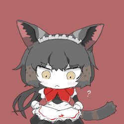 Rule 34 | 1girl, :&lt;, ?, alternate costume, animal ears, apron, apron lift, black dress, black hair, black serval (kemono friends), brown hair, cat ears, cat girl, cat tail, chibi, closed mouth, clothes lift, colored skin, confused, dress, enmaided, feet out of frame, frills, fukuinu daddy, gloves, highres, kemono friends, kemono friends 3, lifted by self, long hair, long sleeves, looking at object, looking down, maid, maid apron, maid headdress, multicolored hair, red background, simple background, solo, standing, tail, tsurime, white apron, white gloves, white skin, yellow eyes
