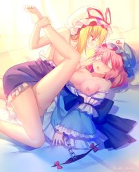 Rule 34 | 2girls, arm garter, bandages, bandages over eyes, baozishark, barefoot, blonde hair, blue hat, blush, bow, breasts, chain, commentary, convenient leg, cuffs, dated, drooling, feet out of frame, from side, gap (touhou), grabbing, hair between eyes, hat, hat ribbon, highres, kneeling, large breasts, leg up, long sleeves, looking at another, lying, mob cap, multiple girls, nipples, on back, open mouth, parted lips, petticoat, pillow, pink hair, profile, red bow, red ribbon, ribbon, saigyouji yuyuko, shackles, short hair, thighs, touhou, triangular headpiece, tribadism, white hat, wide sleeves, yakumo yukari, yuri