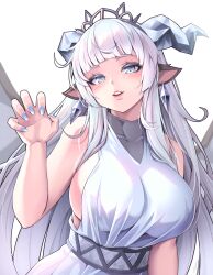 Rule 34 | 1girl, animal ears, bloody0rabby, blue eyes, blue nails, blunt bangs, breasts, character request, earrings, fingernails, highres, horns, jewelry, large breasts, long hair, looking at viewer, nail polish, parted lips, shirt, sleeveless, sleeveless shirt, solo, tiara, trickcal, white hair