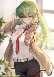 Rule 34 | 1girl, absurdres, alternate costume, belt, black skirt, breasts, brown jacket, budgiepon, c.c., code geass, collar, commentary, expressionless, green hair, hand up, hands in hair, highres, holding, holding hair, indoors, jacket, large breasts, long hair, long sleeves, looking at viewer, makise kurisu, medium breasts, necktie, pantyhose, plant, shirt, skirt, solo, steins;gate, sunlight, translated, very long hair, white belt, white shirt, window, yellow eyes