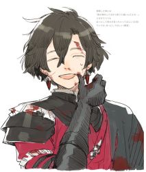 Rule 34 | 1boy, :d, armor, black cape, black gloves, black hair, blood, blood on clothes, blood on face, cape, closed eyes, constantine xi (fate), cropped torso, earrings, facing viewer, fate/grand order, fate (series), gloves, hair between eyes, highres, jewelry, kitada, male focus, nosebleed, open mouth, red armor, short hair, shoulder armor, side cape, simple background, smile, solo, sweatdrop, teeth, upper body, upper teeth only, white background, wiping mouth