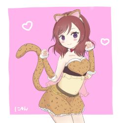 Rule 34 | 1girl, animal ears, animal print, artist request, belt, blush, cat ears, cat tail, claw pose, clenched, clenched hand, female focus, frilled skirt, frills, highres, leopard ears, leopard print, love live!, love live! school idol festival, love live! school idol project, midriff, navel, nishikino maki, purple eyes, red hair, short hair, skirt, solo, tail