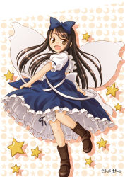 Rule 34 | 1girl, bloomers, blue dress, boots, bow, brown eyes, brown hair, dress, fairy wings, hair bow, hirasaka makoto, long hair, looking at viewer, open mouth, patterned background, puffy sleeves, shadow, shirt, short sleeves, smile, solo, standing, standing on one leg, star (symbol), star sapphire, touhou, underwear, very long hair, wings