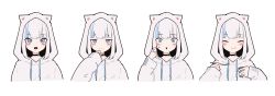 Rule 34 | 1girl, :&gt;, :d, :t, absurdres, animal ears, animal hood, black collar, blue eyes, blue hair, blush, closed eyes, closed mouth, collar, commentary request, cropped torso, drawstring, eating, facing viewer, fake animal ears, fang, grey hair, grey hoodie, hair ornament, highres, holding, holding spoon, hood, hood up, hoodie, long sleeves, looking at viewer, mayogii, multicolored hair, multiple views, open mouth, original, parted lips, simple background, sleeves past wrists, smile, spoon, streaked hair, sweat, triangle mouth, upper body, wavy mouth, white background