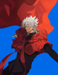 Rule 34 | 1boy, absurdres, amakusa shirou (fate), black pants, blue background, brown eyes, cape, commentary request, cowboy shot, cross, cross necklace, cross print, dark-skinned male, dark skin, earrings, expressionless, fate/apocrypha, fate/grand order, fate (series), highres, jewelry, long sleeves, looking away, male focus, mutsu (621300), necklace, pants, parted bangs, priest, red cape, short hair, simple background, solo, stole, tassel, white hair, yellow eyes