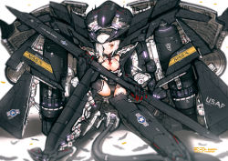 Rule 34 | 1girl, :&lt;, armor, bad id, bad pixiv id, full body, highres, huge weapon, looking at viewer, machinery, mecha musume, original, personification, reconnaissance aircraft, rondo bell, short hair, simple background, sitting, sr-71, sr-71 blackbird, stealth, stealth aircraft, weapon, white background, white hair, yellow eyes
