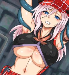 Rule 34 | 10s, 1girl, alisa ilinichina amiella, armpits, blue eyes, breast expansion, breasts, bursting breasts, clenched teeth, covered erect nipples, covering nipples, covering privates, god eater, hair between eyes, hat, highres, kitsune-tsuki (getter), large breasts, midriff, navel, skirt, suspender skirt, suspenders, suspenders slip, teeth, tentacles, underboob