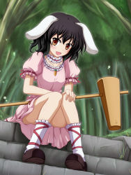 Rule 34 | 1girl, animal ears, bad id, bad pixiv id, black hair, brown eyes, rabbit ears, carrot, choker, collarbone, dress, female focus, frills, highres, inaba tewi, ishida seito, jewelry, kine, leg ribbon, legs, mallet, necklace, open mouth, outdoors, pendant, ribbon, ribbon choker, short hair, sitting, sitting on stairs, smile, solo, stairs, touhou, white legwear