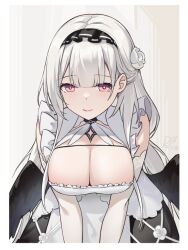 Rule 34 | + +, 1girl, azur lane, black wings, blunt bangs, breasts, cleavage, cleavage cutout, clothing cutout, cross-shaped pupils, dated, dress, elbow gloves, feathered wings, flower, frills, gloves, grey hair, hair flower, hair ornament, highres, large breasts, light blush, lips, long hair, looking at viewer, maid, maid headdress, ping zhong yu, red eyes, scylla (azur lane), signature, sleeveless, sleeveless dress, smile, solo, symbol-shaped pupils, upper body, white dress, white gloves, wings