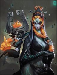 Rule 34 | 2girls, blue skin, breasts, cleavage, colored skin, dual persona, eyeshadow, front ponytail, grin, helmet, highres, jewelry, large breasts, long hair, makeup, md5 mismatch, midna, midna (true), multiple girls, nintendo, orange hair, pointy ears, red eyes, resized, resolution mismatch, smile, spoilers, the legend of zelda, the legend of zelda: twilight princess, upscaled, wide hips, zeronis