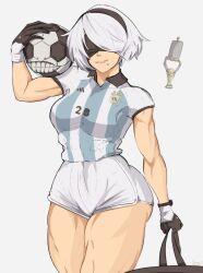 Rule 34 | 1girl, 2022, 2022 fifa world cup, 2b (nier:automata), argentina, argentinian flag, argentinian flag print, bag, ball, blindfold, blue shirt, closed mouth, commentary, cowboy shot, drone, flag print, gloves, grey hair, highres, holding, holding bag, holding ball, mole, mole under mouth, muscular, muscular female, nier:automata, nier (series), non-humanoid robot, parted lips, pod (nier:automata), robot, science fiction, shirt, short hair, smile, soccer, soccer ball, soccer uniform, solo, sportswear, striped clothes, striped shirt, trophy, vertical-striped clothes, vertical-striped shirt, white shirt, wide hips, world cup, yoracrab