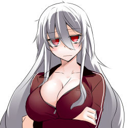 Rule 34 | 1girl, albino, bad id, bad pixiv id, breast rest, breasts, character request, cleavage, crossed arms, highres, huge breasts, ib (kouri), jitome, large breasts, long hair, looking at viewer, red eyes, silver hair, simple background, solo, white background, yamane akira, zipper
