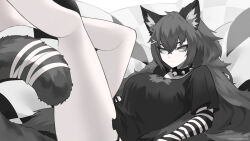 Rule 34 | 1girl, animal ear fluff, animal ears, bandaged tail, bell, black collar, black shirt, black sleeves, breasts, cat ears, cat girl, cat tail, closed mouth, collar, gh0st (vtuber), grey eyes, grey hair, hair between eyes, highres, indie virtual youtuber, k (art71), large breasts, long hair, mole, mole under eye, neck bell, no pants, pale skin, shirt, solo, spiked collar, spikes, striped sleeves, tail, thank you, twitter username, two-tone sleeves, virtual youtuber, white sleeves