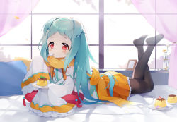 Rule 34 | black pantyhose, blue hair, blush, cy6n, eyebrows, flower, food, full body, long hair, long sleeves, looking at viewer, lying, miyako (princess connect!), no shoes, on stomach, pantyhose, parted bangs, pleated skirt, princess connect!, pudding, scarf, skirt, sleeves past fingers, sleeves past wrists, solo, spoon, window