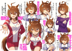 Rule 34 | 1girl, :d, :o, absurdres, agnes tachyon (umamusume), ahoge, animal ears, bow, breasts, brown hair, collarbone, commentary request, crossed arms, earrings, emil1030 blue, hair between eyes, highres, horse ears, horse girl, horse tail, jacket, jewelry, looking at viewer, medium breasts, multiple views, necklace, open mouth, outstretched hand, purple bow, purple shirt, red eyes, red jacket, red shorts, running, school uniform, shirt, short hair, shorts, simple background, single earring, smile, sweat, sweatdrop, tail, tracen school uniform, track jacket, track suit, translation request, twitter username, umamusume, white background