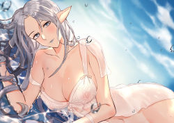 Rule 34 | 1girl, absurdres, blue eyes, blue lips, blue sky, breasts, cleavage, closed mouth, cloud, collarbone, day, elezen, elf, final fantasy, final fantasy xiv, highres, large breasts, lipstick, long hair, looking at viewer, makeup, navel, nipples, outdoors, oz-xy, pointy ears, see-through, silver hair, sky, smile, solo, strap slip, very long hair, water, ysayle dangoulain