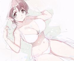 Rule 34 | 1girl, bare shoulders, bikini, blush, breasts, brown eyes, brown hair, cleavage, closed mouth, collarbone, commentary, cowboy shot, dot nose, dutch angle, hands up, idolmaster, idolmaster cinderella girls, idolmaster cinderella girls starlight stage, large breasts, light smile, looking at viewer, machiko (beard), navel, oikawa shizuku, short hair, side-tie bikini bottom, sketch, solo, standing, stomach, swimsuit, thigh gap, transparent curtains, wet, white bikini