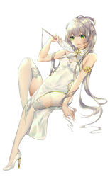 Rule 34 | 1girl, absurdres, armlet, bare shoulders, blush, breasts, china dress, chinese clothes, commentary request, covered navel, dress, full body, green eyes, hair ornament, hair rings, hand fan, high heels, highres, holding, holding fan, knee up, leaning back, long hair, looking away, looking down, luo tianyi, paper fan, pelvic curtain, rhea (0u0), silver hair, simple background, sitting, sleeveless, sleeveless dress, small breasts, solo, thighhighs, uchiwa, very long hair, vocaloid, white background, white dress, white footwear, white thighhighs