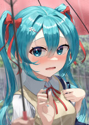 Rule 34 | 1girl, absurdres, bag, blue eyes, blue hair, blue nails, blurry, blurry foreground, blush, bow, collared shirt, flower, hair between eyes, hair bow, hair flower, hair ornament, hairclip, hatsune miku, highres, holding, holding umbrella, looking at viewer, nail polish, neck ribbon, open mouth, outdoors, pink umbrella, rain, red bow, red ribbon, ribbon, school bag, school uniform, shirt, short hair, solo focus, sweater vest, tatyaoekaki, twintails, umbrella, upper body, vocaloid, wavy mouth, white flower, white shirt, wing collar, yellow sweater vest