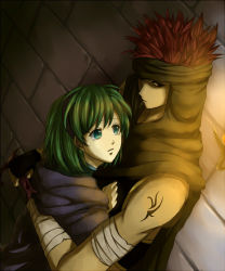 Rule 34 | 1boy, 1girl, bandages, blue eyes, cape, dagger, delsaber, fire emblem, fire emblem: the blazing blade, green hair, hairband, jaffar (fire emblem), knife, looking at another, looking to the side, nino (fire emblem), nintendo, red eyes, red hair, tattoo, weapon