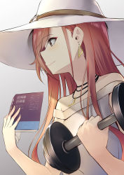 Rule 34 | 1girl, absurdres, arisugawa natsuha, blush, book, brown hair, commentary request, dumbbell, earrings, grey eyes, hat, highres, holding, holding book, idolmaster, idolmaster shiny colors, jewelry, long hair, looking away, megurumiru, necklace, off-shoulder shirt, off shoulder, shirt, smile, solo, sun hat, triangle earrings, upper body, white hat, white shirt