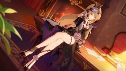Rule 34 | 1girl, adjusting hair, breasts, brown hair, cleavage, commentary, commentary request, crossed legs, desk, fireplace, flower, formal, game cg, hair flower, hair ornament, high heels, highres, honkai (series), honkai impact 3rd, long hair, looking at viewer, mole, mole under eye, pov, rita rossweisse, rita rossweisse (fallen rosemary), sitting, smile, solo, thigh strap, third-party source