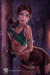 Rule 34 | 1girl, against wall, bandages, braid, braided ponytail, breast press, breasts, brown hair, clothes lift, curvy, embers, fingerless gloves, fingernails, gloves, hand on wall, highres, holster, lara croft, leaning forward, messy hair, orange eyes, parted lips, patreon username, prywinko, sarcophagus, shirt, shirt lift, shorts, stone, sweat, tank top, thighs, tomb, tomb raider, torn clothes, torn shirt, underboob