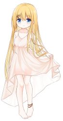 Rule 34 | 1girl, anklet, bare arms, bare shoulders, barefoot, blonde hair, blue eyes, blush, closed mouth, collarbone, commentary request, dress, flower girl (yuuhagi (amaretto-no-natsu)), full body, hair between eyes, hair ornament, hairclip, jewelry, long hair, looking at viewer, original, pigeon-toed, see-through, simple background, skirt hold, sleeveless, sleeveless dress, smile, solo, standing, very long hair, white background, white dress, x hair ornament, yuuhagi (amaretto-no-natsu)