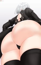 Rule 34 | 1girl, android, ass, ass focus, black dress, cameltoe, dress, from behind, from below, highres, huge ass, leotard, nier (series), nier:automata, o22no, shiny skin, short hair, silver hair, solo, thick thighs, thighhighs, thighs, thong, thong leotard, white background, wide hips, 2b (nier:automata)