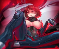 Rule 34 | 1girl, :d, aurahack, biker clothes, bikesuit, black bodysuit, bodysuit, breasts, breasts apart, breasts out, eyelashes, high heels, highres, huge filesize, large areolae, large breasts, lips, looking at viewer, niijima makoto, nipples, no bra, open mouth, persona, persona 5, pink lips, red eyes, short hair, sitting, smile, solo, spikes, spread legs