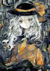 Rule 34 | 1girl, abstract background, black hat, black skirt, buttons, closed mouth, commentary, diamond button, english commentary, eyeball, green eyes, grey hair, hat, hat ribbon, komeiji koishi, light smile, long hair, long sleeves, looking at viewer, ribbon, shirt, skirt, solo, straight-on, third eye, touhou, tsukamoto anabone, yellow ribbon, yellow shirt