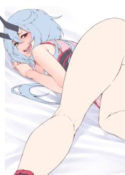 Rule 34 | 1girl, all fours, ass, bare shoulders, black horns, blue hair, blush, breast press, broken horn, flat color, foreshortening, hair between eyes, horns, japanese clothes, jjune, kimono, long hair, looking at viewer, looking back, obi, oni horns, original, red eyes, sash, sleeveless, sleeveless kimono, solo, thighs, tongue, tongue out, top-down bottom-up, twintails, unfinished