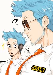 Rule 34 | 1boy, ?, absurdres, animal crossing, beard, blue hair, blush, collared shirt, commentary request, dress shirt, facial hair, from side, girl staring at guy&#039;s chest (meme), headset, highres, humanization, koge gohan, looking at another, male focus, meme, muscle envy, muscular, muscular male, necktie, nintendo, orange neckwear, orville (animal crossing), pectoral focus, pectorals, shirt, short hair, sunglasses, translation request, upper body, white shirt, wilbur (animal crossing)