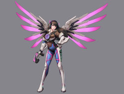 Rule 34 | 1girl, absurdres, boots, brown hair, chest harness, commentary, d.va (overwatch), facepaint, full body, gloves, grey background, gun, hand on own hip, harness, highres, holding, holding gun, holding weapon, jungon kim, long hair, looking at viewer, mercy (overwatch), overwatch, overwatch 1, solo, standing, tracer (overwatch), weapon, white footwear, white gloves, wings