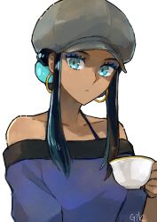 Rule 34 | 1girl, bare shoulders, blue eyes, blue eyeshadow, commentary request, creatures (company), cup, dark-skinned female, dark skin, earrings, eyelashes, eyeshadow, game freak, gk98tm, hair bun, hat, highres, holding, holding cup, jewelry, makeup, nessa (pokemon), nintendo, pokemon, pokemon: twilight wings, pokemon swsh, sidelocks, signature, simple background, solo, upper body, white background
