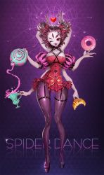 Rule 34 | 1girl, arthropod girl, boots, breasts, candlefish, cleavage, doughnut, extra arms, extra eyes, fangs, food, garter straps, heart, highres, insect girl, large breasts, monster girl, muffet, one eye closed, pantyhose, platform footwear, puffy sleeves, shiny clothes, spider girl, tea, undertale, wink