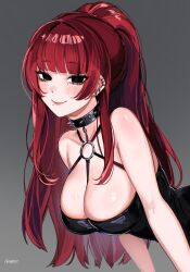 1girl bare_shoulders black_choker black_dress black_eyes blush breasts choker dress ear_piercing from_side grey_background highres large_breasts long_hair looking_at_viewer mole mole_under_mouth no_pupils o-ring o-ring_top original piercing ponytail red_hair sakichka smile solo spiked_choker spikes twitter_username upper_body yume_(ms._tsu)