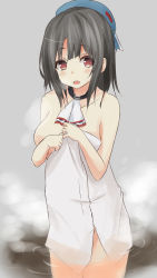 Rule 34 | 10s, 1girl, beret, black hair, breasts, hat, highres, kantai collection, long hair, looking at viewer, naked towel, onsen, partially submerged, red eyes, saku (kudrove), solo, standing, takao (kancolle), towel, wading, water