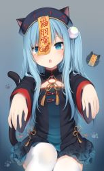 Rule 34 | 1girl, amashiro natsuki, animal ears, animal hat, black dress, black hat, blue eyes, blue hair, blush, cat ears, cat girl, cat hat, cat tail, commentary, dress, eyebrows hidden by hair, facial mark, frilled dress, frills, hair ornament, hat, highres, jiangshi, jiangshi costume, long hair, long sleeves, looking at viewer, nekoha shizuku, ofuda, one side up, open mouth, original, outstretched arms, solo, tail, thighhighs, very long hair, white thighhighs, wide sleeves