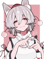 Rule 34 | 1girl, akuta neko, animal ear fluff, animal ears, bare shoulders, border, closed mouth, half-closed eyes, heart, heart hands, highres, inubashiri momiji, looking at viewer, pink background, pom pom (clothes), red eyes, short hair, signature, smile, solo, touhou, upper body, white border, white hair, white sleeves, wolf ears, wolf girl