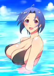 Rule 34 | 1girl, ahoge, bare shoulders, baron (nsbaron), blue hair, blush, breasts, cleavage, highres, idolmaster, idolmaster (classic), large breasts, looking at viewer, miura azusa, perky breasts, purple eyes, solo