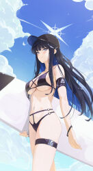 Rule 34 | 1girl, absurdres, bare arms, bare legs, bare shoulders, baseball cap, bikini, black bikini, black hair, black hat, blue archive, blue eyes, blue halo, blush, breasts, closed mouth, cowboy shot, day, fieryonion, halo, hat, highres, large breasts, long hair, looking at viewer, outdoors, saori (blue archive), smile, solo, swimsuit