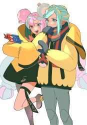 Rule 34 | 1boy, 1girl, :d, blush, bow-shaped hair, character hair ornament, commentary request, creatures (company), eyelashes, game freak, gen 4 pokemon, green eyes, green hair, grusha (pokemon), hair ornament, highres, iono (pokemon), jacket, leg up, long sleeves, looking down, mittens, multicolored hair, nintendo, open mouth, osg pk, pants, pink hair, pokemon, pokemon sv, rotom, rotom phone, scarf, sleeves past fingers, sleeves past wrists, smile, striped clothes, striped scarf, teeth, thigh strap, two-tone hair, yellow jacket