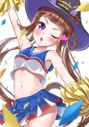 Rule 34 | 1girl, absurdres, akanehiiro, alternate costume, arm up, armpits, breasts, brown hair, cheerleader, collarbone, confetti, hair rings, hat, heart, highres, horse girl, looking at viewer, navel, one eye closed, open mouth, pom pom (cheerleading), simple background, small breasts, solo, sweep tosho (umamusume), umamusume, white background, witch hat