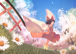 Rule 34 | 1g no izumi, 1girl, absurdres, blue sky, bow, cherry blossoms, daisy, day, detached sleeves, dress, closed eyes, female focus, field, flower, flower field, hair bow, hair tubes, hakurei reimu, highres, japanese clothes, long sleeves, md5 mismatch, midriff, miko, no bra, red dress, sky, solo, torii, touhou, tree, wide sleeves